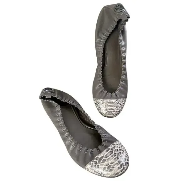 TORY BURCH Leather Snakeskin Ballet Flat Slip-On Shoe Grey Gunmetal Logo WMNS 9 - Picture 2 of 14